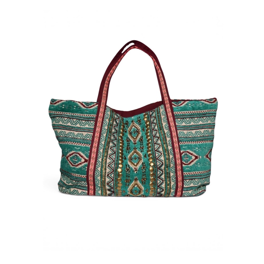America & Beyond Aztec Embroidered Beaded Canvas Large Weekender Tote Bag